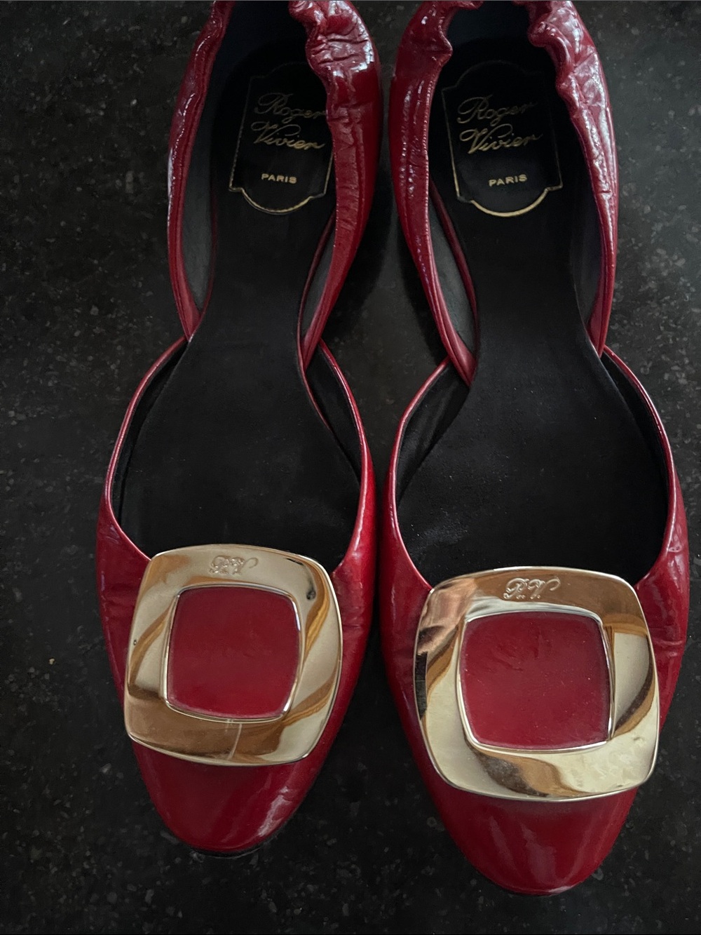 Roger Vivier Red Patent Leather Buckle Flats with Gold Accents